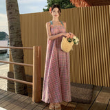 New Thai Sanya Beach Holiday Loose Retro Lattice Long Hanging Neck Tset Dress Summer