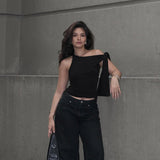 Golden Little Sister With The Same Ribbon Clothes 2025 Summer New Sexy Shoulder T-Shirt Girl DJPT