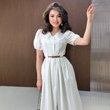 Solid-Color V-Neck Short-Sleeved Multi-Button Belt Casual Dress In Autumn 2025