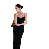 Temperament Red Sling Dress Women's Summer High-End Repair Open Fork Sexy Ass Long Dress