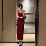 Temperament Red Sling Dress Women's Summer High-End Repair Open Fork Sexy Ass Long Dress