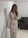 Women's Clothing 2025 Autumn New Long Dress Temperament Loose Metal Decoration V Tie With Dress