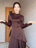 Spring Solid Color To Collect Thin Waist Thin Exotic Style Long Sleeve Long Strapped Dress Woman