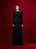 Retro High-End Solid-Colored Dress Dress 2025 Summer Round-Neck Long-Sleeved Waist Design Dress Dress Dress
