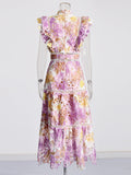 Bohemian Style Elegant Wind 2025 Summer Round Lead Flying Sleeves To Close The Waist Chopped Flower Long Dress Woman