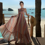 Vacation To Wear Seaside Photo Clothes Super Fairy Hanging Neck Stripe Dress Summer