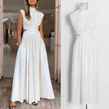 Leisure Dress 2025 Summer New Simple Style Collar Sleeveless Hollow Design Solid Female Dress