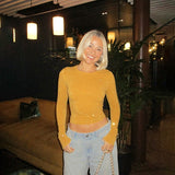 Round Collar Hot Drill Fine Long-Sleeved Top Woman 2025 Autumn New Fashion Pure Color Top Lady DJPT