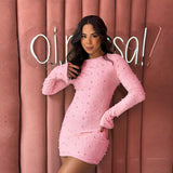 Sexy Bare Back Long Sleeve Nail Bead Dress Woman 2025 Autumn New Hot Girl Ass Skirt DJPT