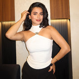 Women's Solid Color Hanging Neck Sleeveless Metal Ring High-Neck Short-Sleeved Vest DJPT