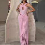 Women's New Fashion Solid Color Hanging Neck Sleeveless Glitter Dress HZ0628