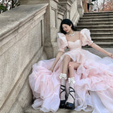 2025 New Fugitive Princess French Retro Niche Design Chopped Flowers Tailed Collar Bubble Sleeve Dress