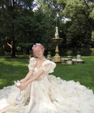 2025 New Fugitive Princess French Retro Niche Design Chopped Flowers Tailed Collar Bubble Sleeve Dress