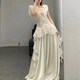 Design Lace Stitching Dress Retro Temperament Shoulder Light Luxury Dress 2024 New Model
