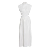 Leisure Dress 2025 Summer New Simple Style Collar Sleeveless Hollow Design Solid Female Dress