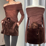 Starry Sky Flashing A Word On The Shoulder + Velvet Flower Half Skirt Two Sets 2024 New