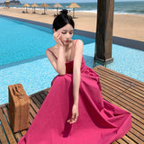 Holiday Summer French Rose Red Sling Corset Dress High-End Waist Big Skirt Beach Dress
