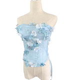 Three-Dimensional Flower Blue Mesh Corset Sexy Beautiful Thoracic Fish Bone Top 2024 New