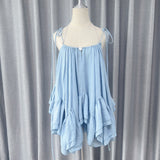 New Sweet Holiday Wind Blue Sling Skirt Summer Lotus Leaf Side-Dew Short Skirt