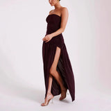 Sling With Slanted Shoulder Folded Open Fork A Plain Shoulder Dress Solid-Colored Long Dress Women's Dress HZ0628