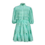 Luxury Wind Hollow Lace Splicing 2025 Summer New Lantern Sleeve Buckle Long Solid Female Dress