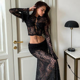 Lace Perspective Two Sets Of Female Hottie Fashion Straps High-Waisted Long Skirt Set HZ0628