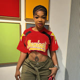 Summer 2025 New T-Shirt Casual Match Color Short-Sleeved Splicing Print Top Woman DJPT