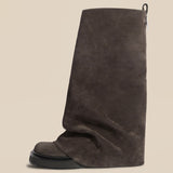 Years Of Autumn And Winter New Large Cylinder Locking Round Head Long Barrel Women's Boots Leather Boots Metal Knight Boots Flat And Boots High Quality Shoes
