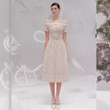 2025 Three-Dimensional Flower Embroidered Hollow Dress Round Collar Short-Sleeved Relief Dress