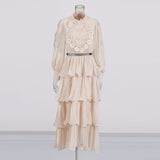 Lotus Leaf-Side Dress Spring 2025 New Temperament Elegant Embroidered Design Belt Long-Sleeved Dress