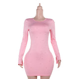 Sexy Bare Back Long Sleeve Nail Bead Dress Woman 2025 Autumn New Hot Girl Ass Skirt DJPT