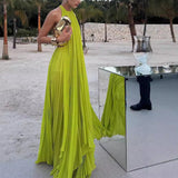 Women's New Sexy Sleeveless Slings Solid Folds Long Skirt Set HZ0628