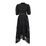 Elegant Style Dress 2025 New Round Collar Bubble Bubble Sleeve Lace Belt Fashion High-End Dress