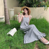 Retro Hanging Neck Stripe Sling Dress Women Summer Sexy Bare Back Strap Long Skirt Loose A Word Skirt