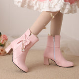 Size Women's Shoes Bows Coarse And Short Boots Women's Korean Version Of High Heel Boots High Quality Shoes