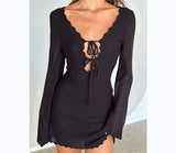 Women's New Knitted Tying Dress With Long Sleeves And Hip Mini Skirt HZ0628