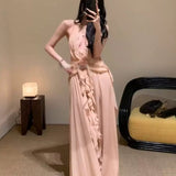 Sleeveless V-Necked Neck Dress With Wooden Ears Exposed Back Long Dress Beach Beach Seaside Holiday Dress