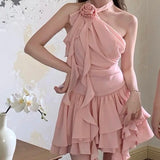 Hanging Neck Flowers Lotus Leaves Outside Wearing Sleeveless 2025 Summer New Short Skirt Woman