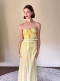 Sexy Yellow Acetate-Sing Slanted Hanging Neck Dress Summer Temperament Thin Back Dress Dress