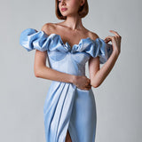 Women's High Open Commuting Dinner Dress A Word Shoulder Dress With Chest Lotus Leaf Side Dress