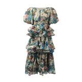 Retro Idyllic Cake Dress 2025 Summer New Multi-Layer Lotus Leaf Side Bubble Sleeve Print Dress Dress Woman