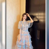 Summer Collar Splicing Flower Mesh Embroidery Cake Dress Dress