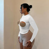 Stitched Hollow Breast Cup Long-Sleeved Top Woman Autumn 2025 New Simple Style Casual Body Repair T-Shirt DJPT