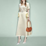 Elegant Style 2025 Spring New V-Neck Rose High-Waisted Dress Dress Dress Woman