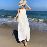 Seaside Resort Heavy Industry Pressure Folds Loose Thin Back Big White Dress Women Summer