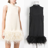 Version Of The Simple Name Wind 2025 Summer Round Collar Sleeveless Short Female Solid Color Hem Ostrich Hair Splicing Dress