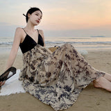 Splicing French Retro Sexy Bareback Dress Sling Dress With Long Skirt Sanya Beach Dress Woman
