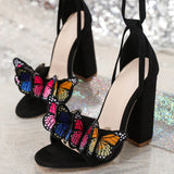 Heels Embroidered Three-Dimensional Velvet Bow Sandals Straps Thick Heel Sexy High Heel Women's Sandals High Quality Shoes