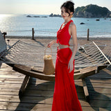 Style Sexy Hottie Suit Female V-Neck Hanging Neck Sling Vest High-Waisted Long Skirt Two Sets