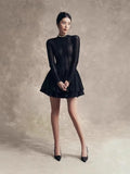 2025 Black Rolled Long Sleeve Dress Women's Puff